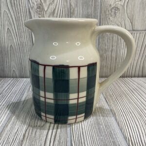 Hartstone Buffalo Check Pottery Pitcher 6.5" Green Red Plaid VTG RARE